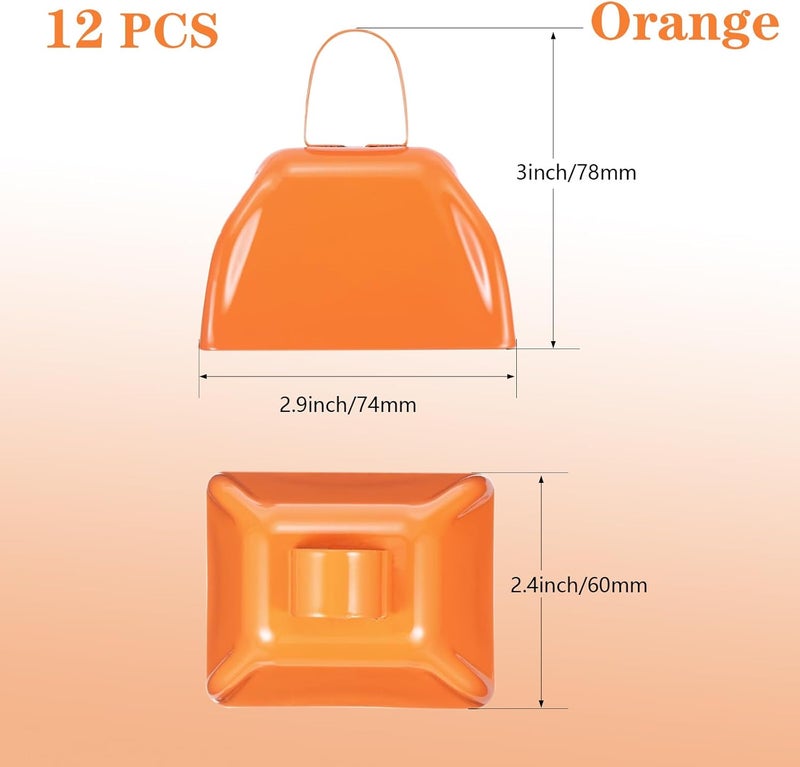 HEYLEAYAR 3Inch Cowbells for Sporting Events,12Pcs Metal Cow Bells Bulk Loud Noise Makers Cow Bell with Handle for Cheering Football Games Spirit Marathon Weddings Party Noisemakers, Orange - Image 2